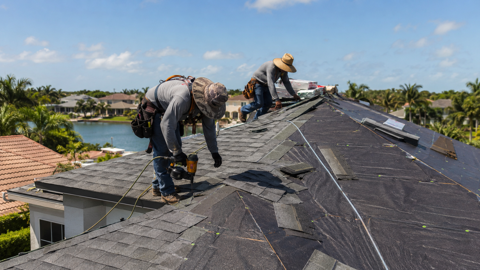 Licensed roofing contractors installing asphalt shingles on Florida home — Power Contractor Group CCC1337097